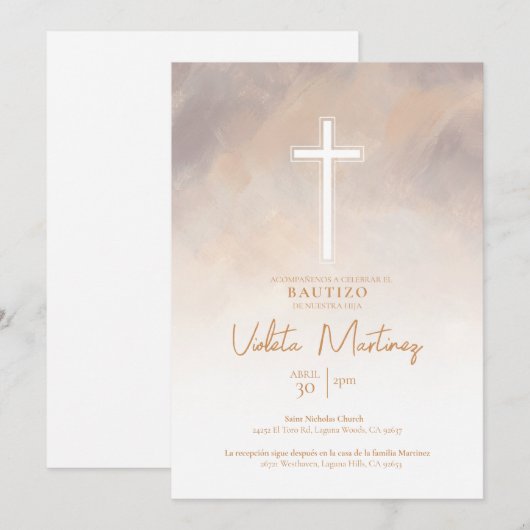 Invitación de Bautizo Morado Spaanse uitnodiging (Voorkant / Achterkant)