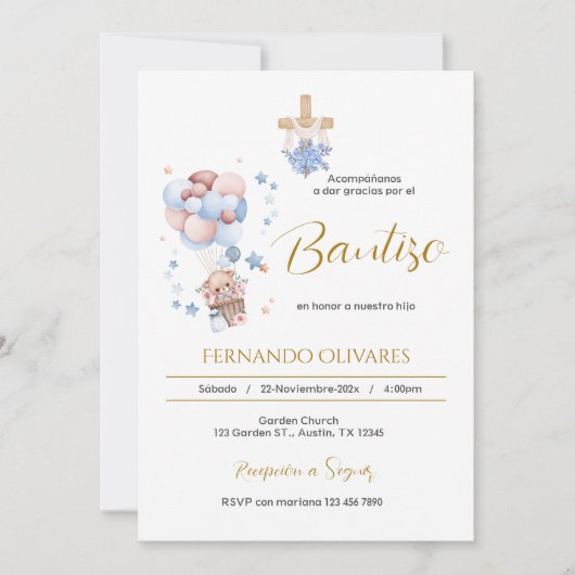 Invitación de Bautizo para niño oso y globos Kaart (Voorkant)