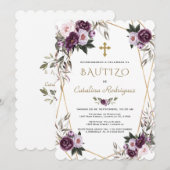 Invitacion De Bautizo Purple Flowers Gold Girl Kaart (Voorkant / Achterkant)