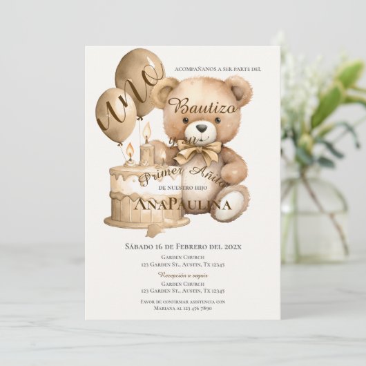 Invitación de Bautizo y primer año en español Kaart (Staand voorkant)