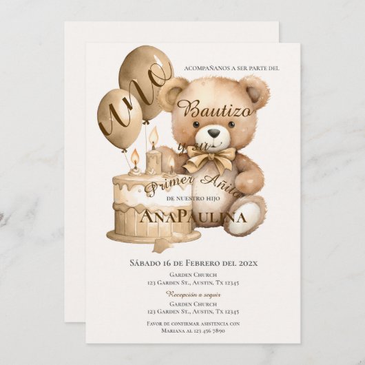 Invitación de Bautizo y primer año en español Kaart (Voorkant / Achterkant)