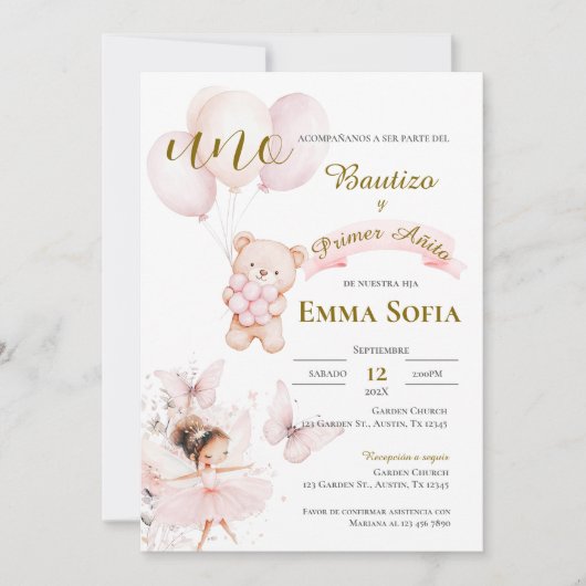 Invitación de Bautizo y primer año en español Kaart (Voorkant)