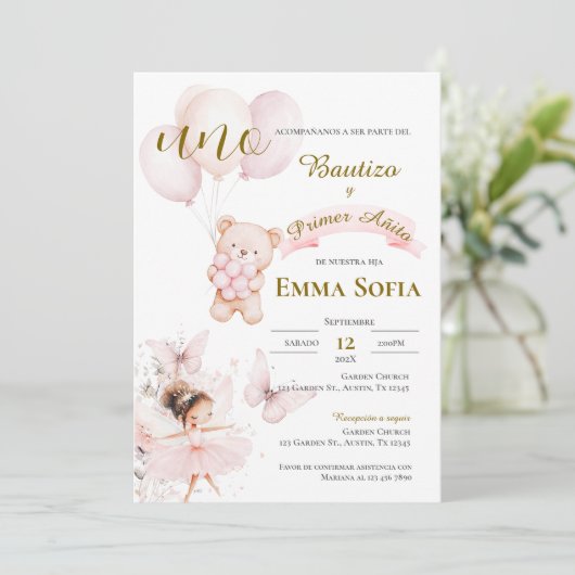 Invitación de Bautizo y primer año en español Kaart (Staand voorkant)