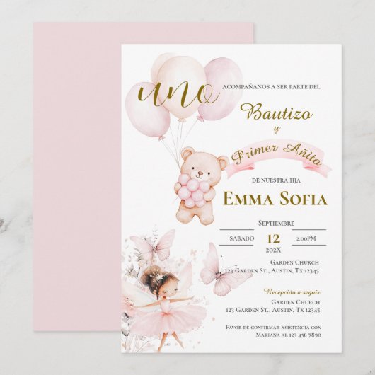 Invitación de Bautizo y primer año en español Kaart (Voorkant / Achterkant)