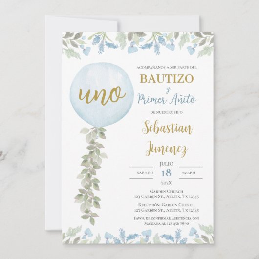 Invitación de Bautizo y primer año en español Kaart (Voorkant)