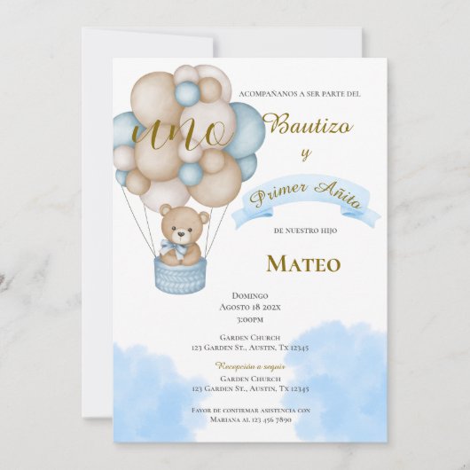 Invitación de Bautizo y primer año en español Kaart (Voorkant)