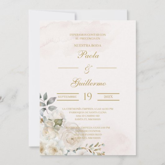 Invitación de boda beige con flor blanca kaart (Voorkant)