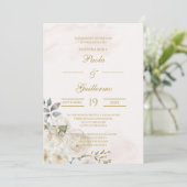 Invitación de boda beige con flor blanca kaart (Staand voorkant)