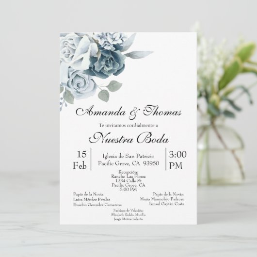 Invitación de boda con flor azul kaart (Staand voorkant)