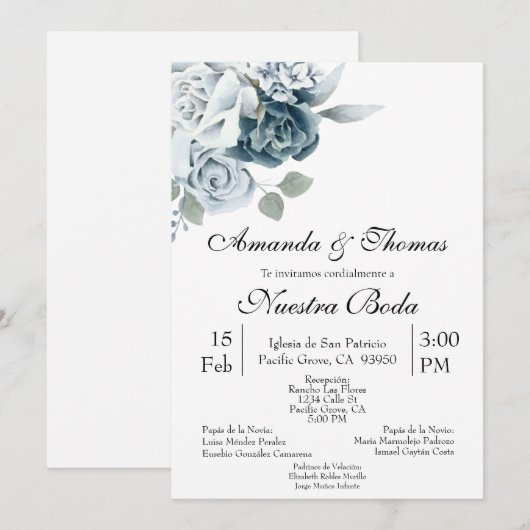 Invitación de boda con flor azul kaart (Voorkant / Achterkant)