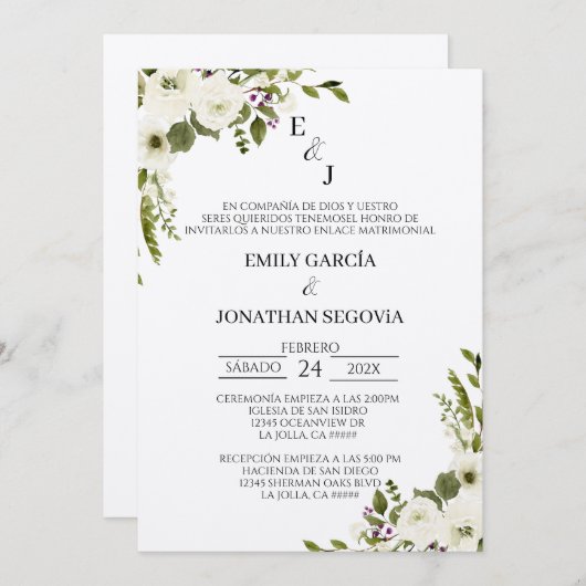 invitación de boda con flores blancas  kaart (Voorkant / Achterkant)