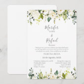 Invitación de boda con hojas verde y rosas blancas kaart (Voorkant / Achterkant)
