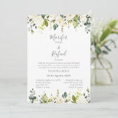 Invitación de boda con hojas verde y rosas blancas kaart (Staand voorkant)