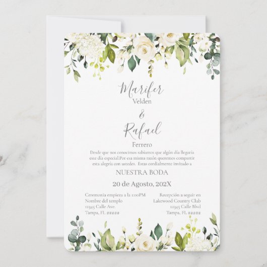 Invitación de boda con hojas verde y rosas blancas kaart (Voorkant)