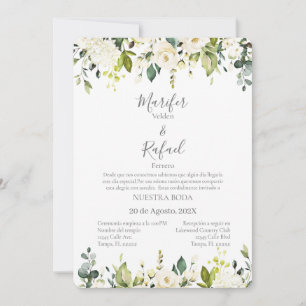 Invitación de boda con hojas verde y rosas blancas kaart