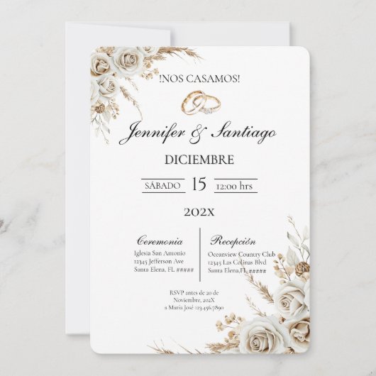 Invitación de boda con ramo y anillo kaart (Voorkant)