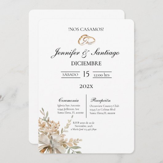 Invitación de boda con ramo y anillo kaart (Voorkant / Achterkant)
