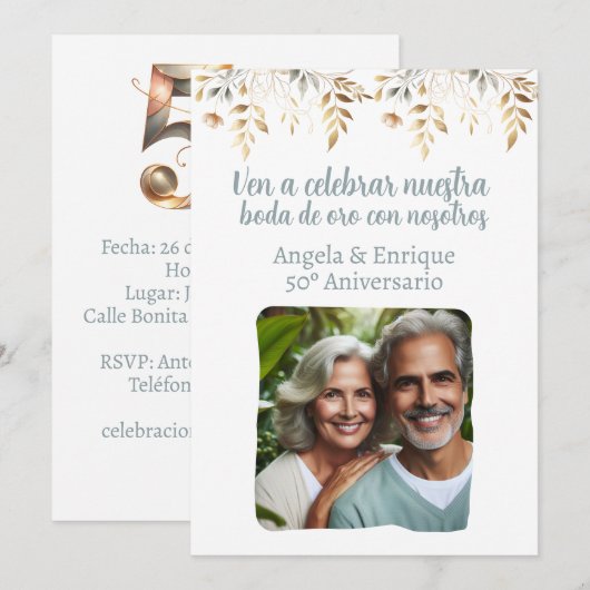 Invitación de boda de oro de 50 años con foto kaart (Voorkant / Achterkant)