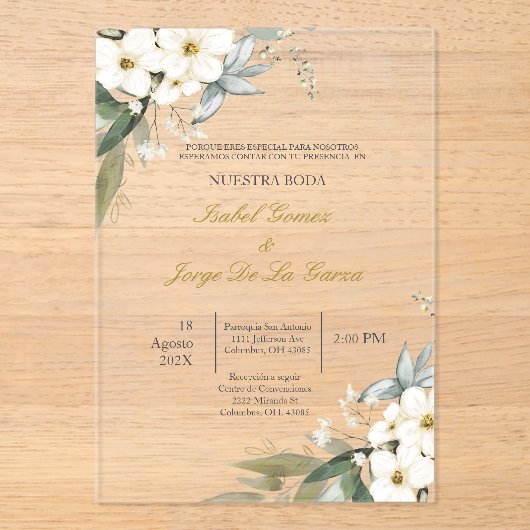 Invitacion de boda en espanol con flor blanca acryl uitnodigingen (Voorkant)