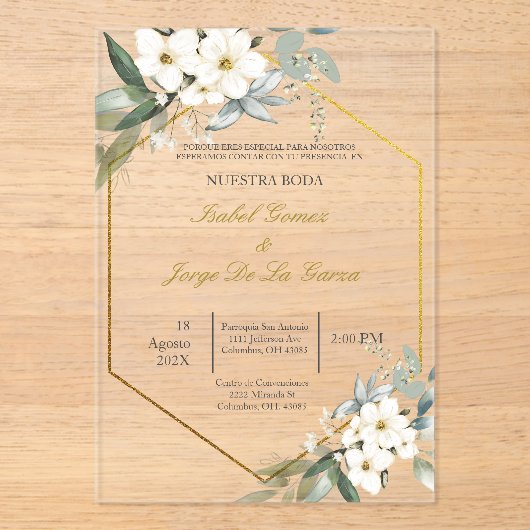 Invitacion de boda en espanol con flor blanca acryl uitnodigingen (Voorkant)