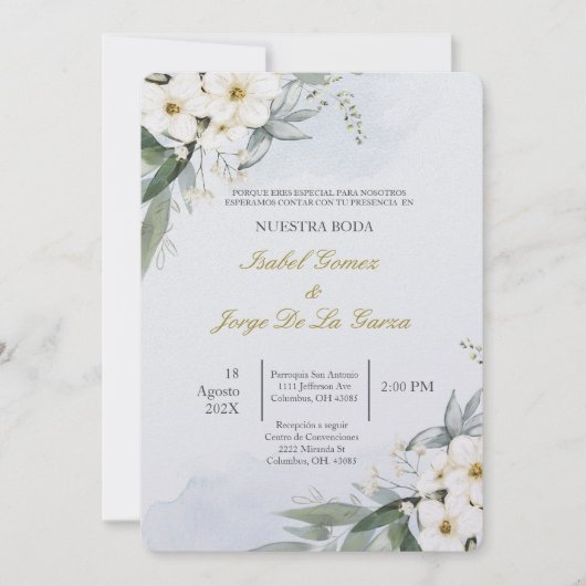 Invitacion de boda en espanol con flor blanca kaart (Voorkant)