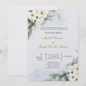 Invitacion de boda en espanol con flor blanca kaart (Voorkant / Achterkant)