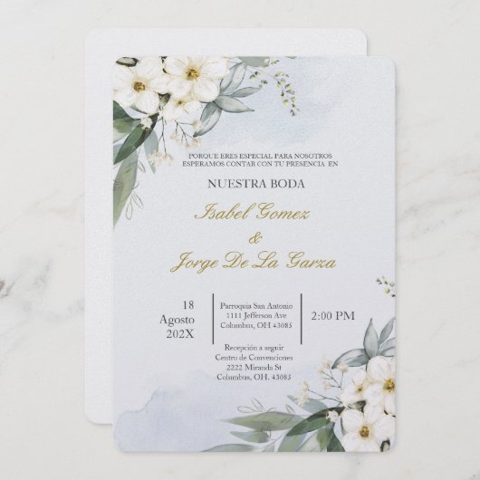 Invitacion de boda en espanol con flor blanca kaart (Voorkant / Achterkant)