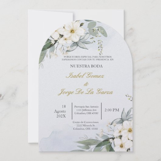 Invitacion de boda en espanol con flor blanca kaart (Voorkant)