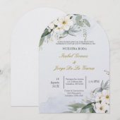 Invitacion de boda en espanol con flor blanca kaart (Voorkant / Achterkant)