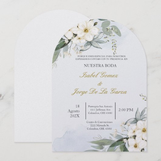 Invitacion de boda en espanol con flor blanca kaart (Voorkant / Achterkant)
