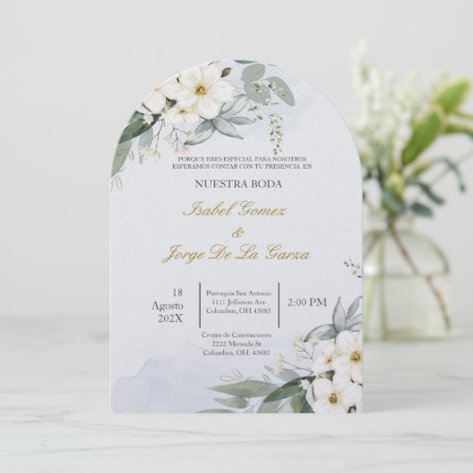Invitacion de boda en espanol con flor blanca kaart (Staand voorkant)