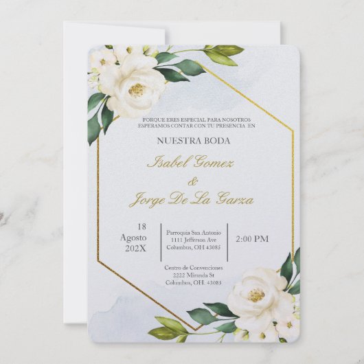 Invitacion de boda en espanol con flor blanca kaart (Voorkant)