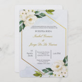 Invitacion de boda en espanol con flor blanca kaart (Voorkant / Achterkant)