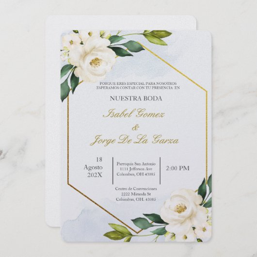 Invitacion de boda en espanol con flor blanca kaart (Voorkant / Achterkant)