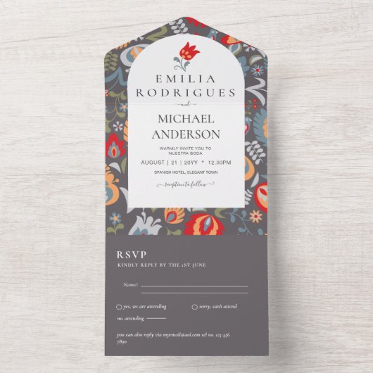 Invitación de Boda Español Inglés Rsvp FOLKART All In One Uitnodiging (Binnen)