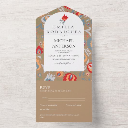 Invitación de Boda Español Inglés Rsvp FOLKART All In One Uitnodiging (Binnen)