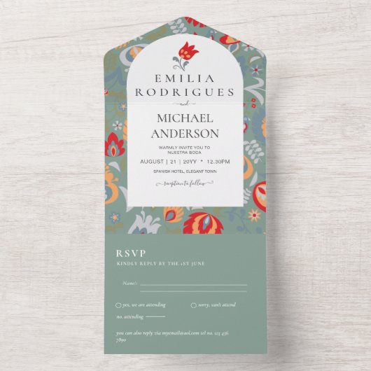 Invitación de Boda Español Inglés Rsvp FOLKART All In One Uitnodiging (Binnen)