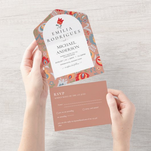 Invitación de Boda Español Inglés Rsvp FOLKART All In One Uitnodiging (Afscheurbaar)