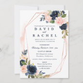 Invitación de boda floral azul marino sonrojado kaart (Voorkant)