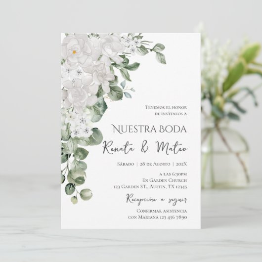 Invitación de Boda Flores Blanca y Verdes  Kaart (Staand voorkant)