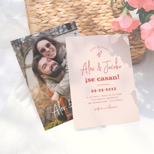Invitación de Boda Retro Setentera Rosa y Rojo Kaart