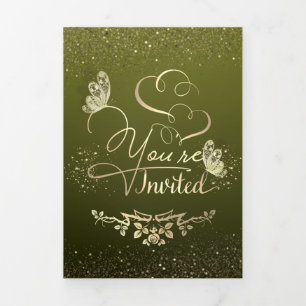 Invitación de boda verde con purpurina drieluik uitnodiging