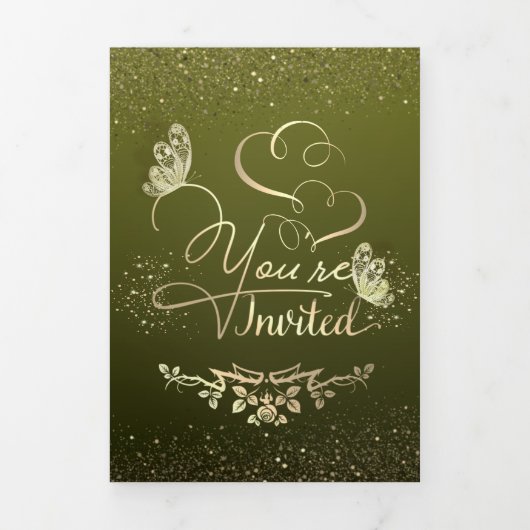 Invitación de boda verde con purpurina drieluik uitnodiging (Cover)