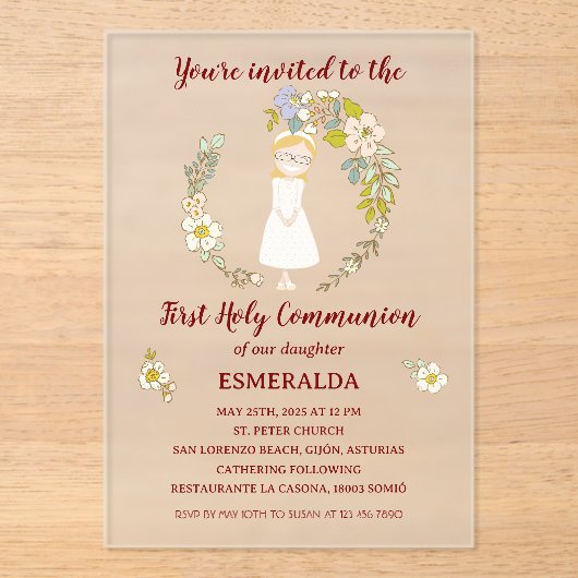 Invitación de Comunión sobre acrílico ESMERALDA Acryl Uitnodigingen (Voorkant)