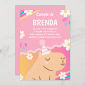 Invitación de Cumpleaños Capibara de Niña Rosa Kaart (Voorkant / Achterkant)