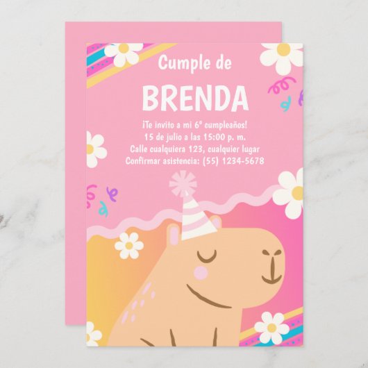 Invitación de Cumpleaños Capibara de Niña Rosa Kaart (Voorkant / Achterkant)