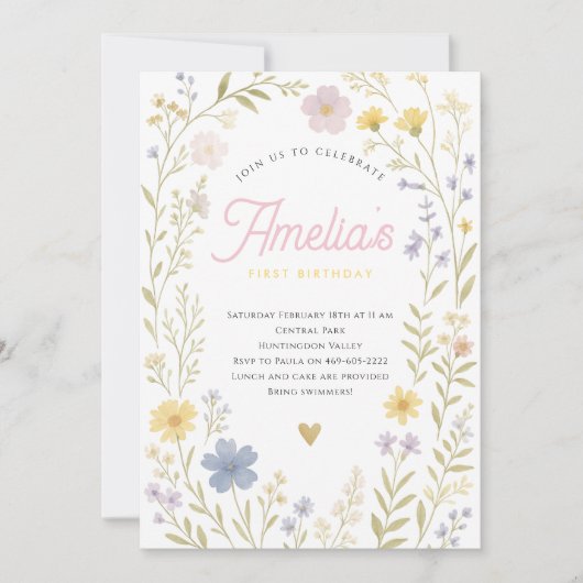 Invitación de cumpleaños de Flor Silvestre Floral  Kaart (Voorkant)