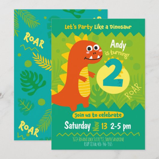 Invitación de cumpleaños dinosaurio kaart (Voorkant / Achterkant)