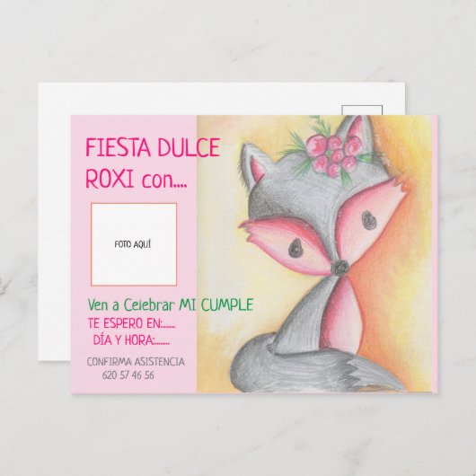 INVITACIÓN DE CUMPLEAÑOS - DULCE ROXI CON FOTO BRIEFKAART (Voorkant / Achterkant)