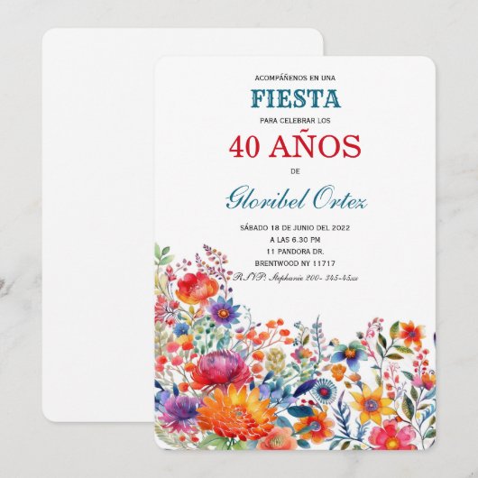 Invitación de Fiesta 40 Años Mujer Invitation Kaart (Voorkant / Achterkant)